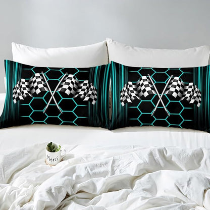 Checkered Flag Fitted Sheet Twin Size,Neon Lines Honeycomb Geometric Bed Sheet with 1 Pillowcase,Racing Car Theme Soft Decorative Fabric Bedding,Room Gift