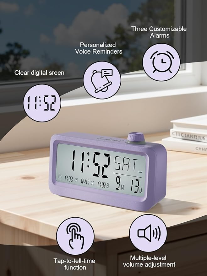Medication Pill Reminder, Rechargeable Talking Alarm Clock with 3 Custom Voice Recording Alarms, Touch-to-Talk, a Digital Alarm Clocks Gift for Mom/Dad/Seniors/Elderly(Pruple)
