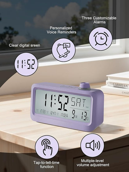 Medication Pill Reminder, Rechargeable Talking Alarm Clock with 3 Custom Voice Recording Alarms, Touch-to-Talk, a Digital Alarm Clocks Gift for Mom/Dad/Seniors/Elderly(Pruple)