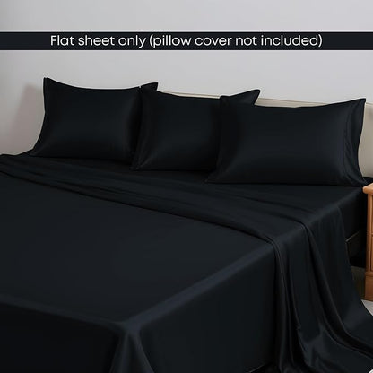 LINENWALAS California King Flat Sheet Only - Rayon Derived from Bamboo Silk Bed Sheet, Premium Cooling, Soft Top Sheet, Black Halloween Bedsheet (Jet Black)