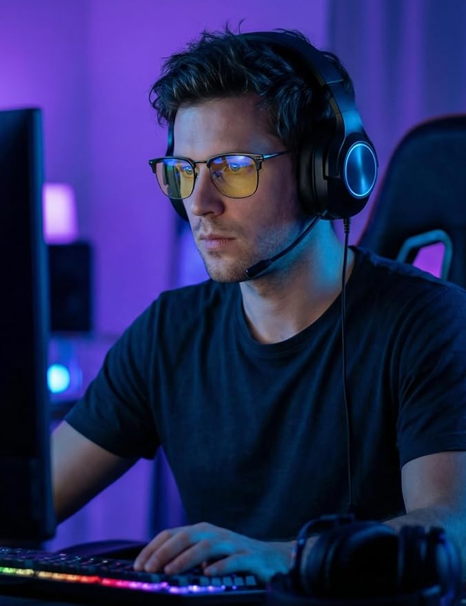 Blue Light Glasses | Men Browline Gaming Glasses | Anti Eye Strain & Migraine Blue Blocker Eyeglasses（Black）