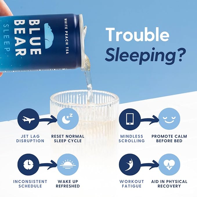 Blue Bear Melatonin Sleep Drink, Sleep Tea for Bedtime Support, White Peach Tea with Melatonin (5mg), Lavender, Ashwagandha, Chamomile, GABA, L-Theanine, Caffeine-Free, Zero Sugar, 8.4 Fl Oz 12-Pack