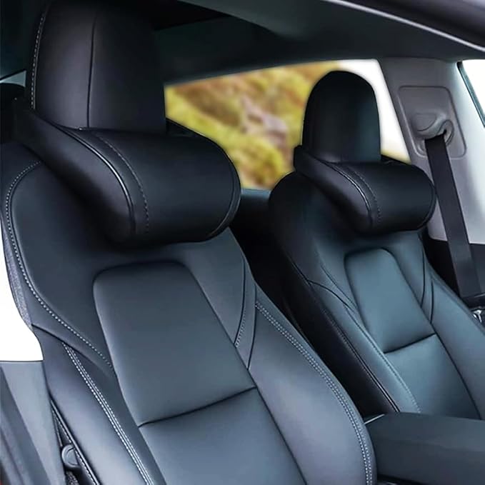 Car Headrest Neck Pillow Support Memory Foam Ergonomic Design Accessory for Driving Seat Fatigue Relief Compatible with Model S X 3 Y & Cybertruck - 2 Pieces