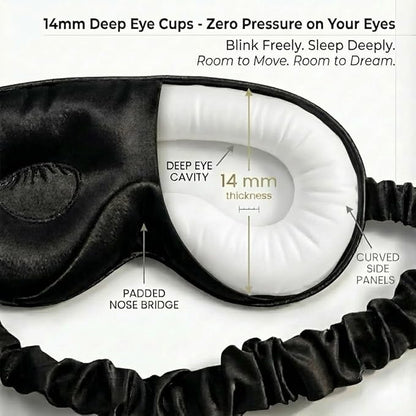 MATASSE 100% Mulberry Silk Sleep Mask 22 Momme Grade 6A - 3D Contoured Eye Mask for Sleeping, 14mm Deep Eye Cups, Total Blackout Blindfold for Women Men, Adjustable Strap, Side Sleeper (Black)