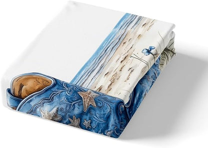 Western Boots Fitted Sheet Set with 2 Pillowcase,Tribal Cowboy Rustic Farmhouse Style Microfiber Mattress Cover,Blue Ocean Beach Starfish Shell Conch Vintage Bed Cover Queen Size