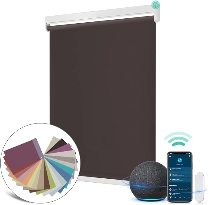 Allesin Motorized Roller Shade Blinds Work with Alexa for Window, 100% Blackout Smart Shades Cordless with Remote Control, Electric Automated Blinds for Window, Customized Size for Smart Home (Maroon)