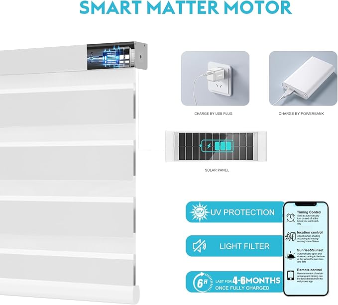 Motorized Zebra Blinds with Remote Smart Blind Work with Homekit Alexa SmartThings Electric Day and Night Shade Cordless Automatic Solar Powered Window Shade Customize(White)