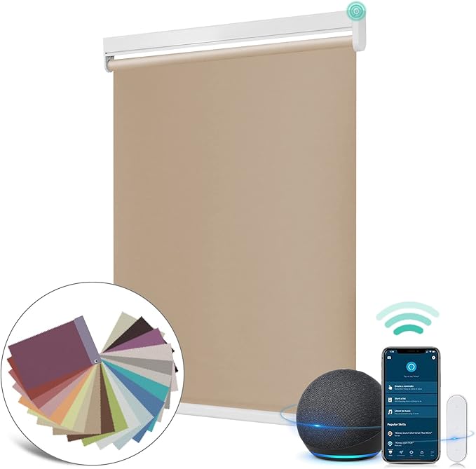 Allesin Motorized Roller Shade Blinds Compatible with Alexa for Window, Blackout Smart Shades Cordless with Remote Control, Electric Automated Blinds, Customized Size, Lithium Battery Motor(Camel)