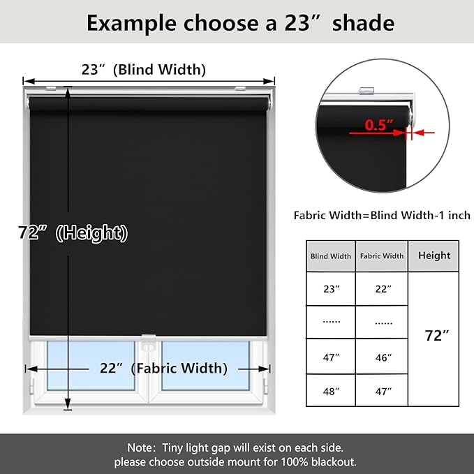 AOSKY Cordless Roller Shades Blackout Blinds for Windows Room Darkening Rolled Up Shades with Spring System, UV Protection Window Shades Door Blinds for Home and Office (47" W x 72" H, Black)