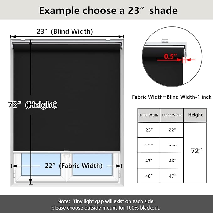 Cordless Roller Shades Blackout Blinds for Windows Room Darkening Rolled Up Shades with Spring System, UV Protection Window Shades Door Blinds for Home and Office (78" W x 72" H, Black)