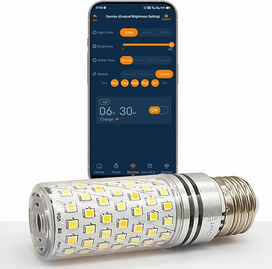Smart Wake-Up Light Bulb - Sound & Light Alarm, APP Control Sunrise Sunset Simulation, 3 Colors & Natural Sounds, 800 Lumens, Reset Circadian Rhythm for Wake-Up, Sleep Aid & Lighting