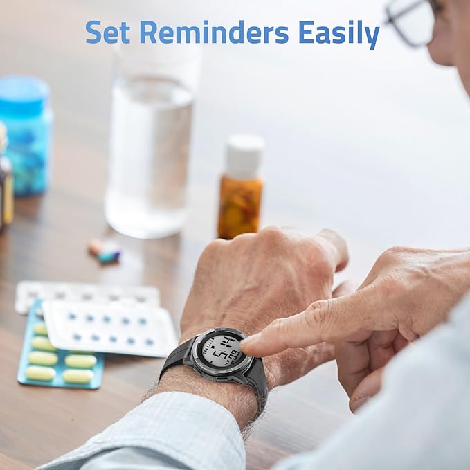 TICCI Men Unisex 8 Vibrating Alarms Watch for Elderly Seniors, Medication Aids Pill Reminder, Big Digits, Waterproof, Vibra Alert Notification,
