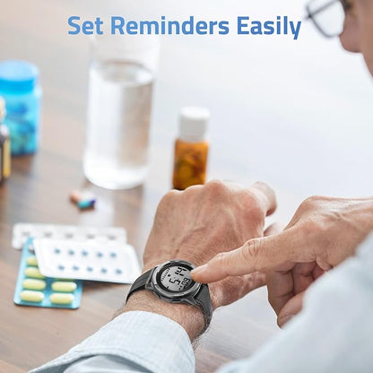 TICCI Men Unisex 8 Vibrating Alarms Watch for Elderly Seniors, Medication Aids Pill Reminder, Big Digits, Waterproof, Vibra Alert Notification,