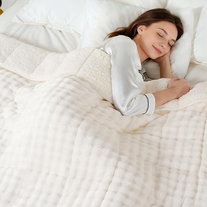 Cottonblue Weighted Blanket 12lbs Bubble Fleece Plush Sherpa Heavy Weighted Blankets for Adults, Fits Twin/Full Size Bed, Cute Fuzzy Warm Heavy Blanket for Calm and Better Sleep, 48"x72", Cream White