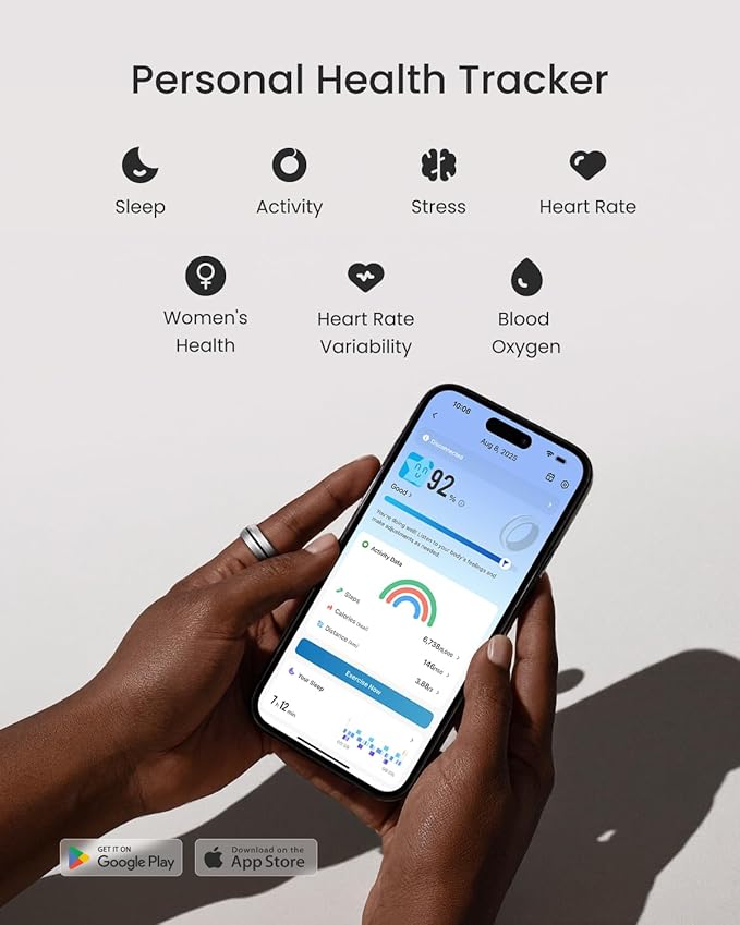 RENPHO Lynx Smart Ring-All Day Sleep & Activity Tracking, Includes Charging Case, Gifts for Men, 7-Day Battery Life, Subscription-Free App for iOS & Android, Size Before You Buy (Silver, Size 6)