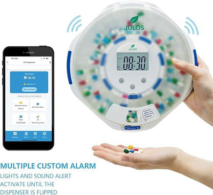 JULOS 28-Day Bluetooth Automatic Pill Dispenser for Seniors & Alzheimer’s Care, Sound/Light/App Alerts, up to 9 Alarms/Day, Locked Frosted Lid Medication Dispenser for Protecting Pills Privacy