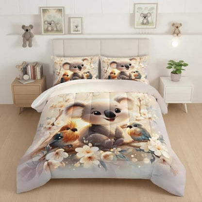 Kawaii Koala Bedding Set,Cartoon Koala Parrot Floral Pattern King Size Bed Set for Kids Girls Boys Room Decor,Cute Beddings with 2 Pillowcases.