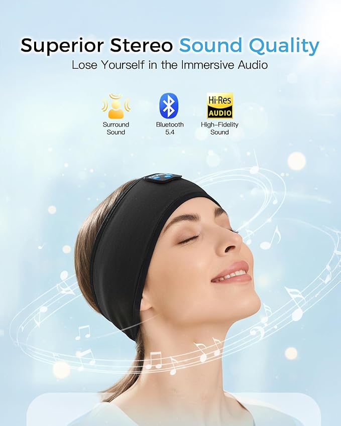 Sleep Headphone Bluetooth 5.4 Headband, Wireless Earphones Sweat Resistant with Ultra-Thin HD Stereo Speakers, Soft & Breathable Headband for Side Sleepers, Workout, Meditation, Travel