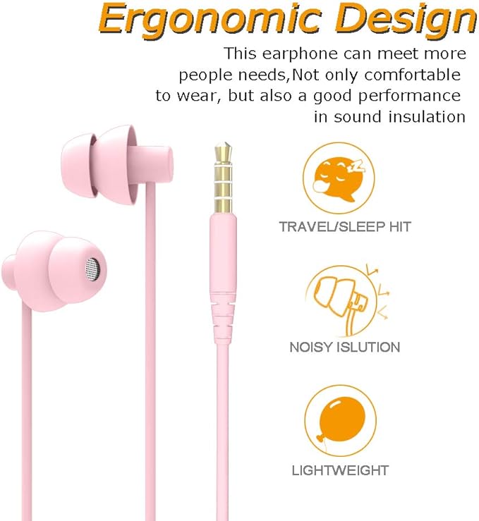 MAXROCK (TM Total Soft Silicon Headphones with Mic Sleep Travel Choice for Cellphones Tablets and 3.5mm Jack (Light Pink)