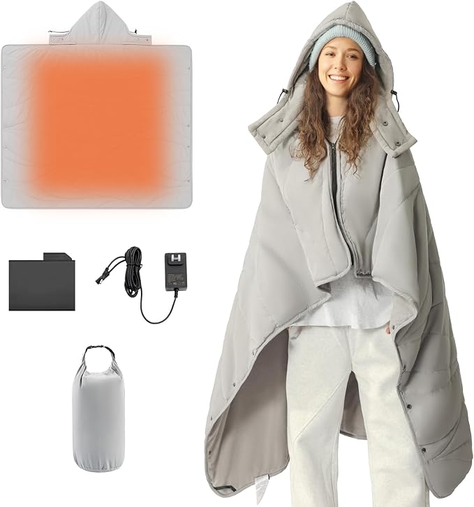 ZonLi Heated Blanket Battery Operated, Wearable Portable Electric Blanket with Rechargeable Battery, 50"x60" Cordless Heated Blanket, Waterproof, Machine Washable(Grey)