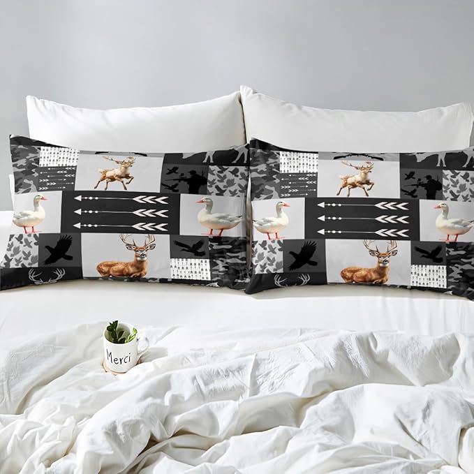 Hunt Deer Kids Fitted Sheet Full Size,Geometric Arrows Camo Plaids Bedding Set,Boys Girls Room Decor,Duck Bass Fish Marine Life Cabin Animal Rustic Bed Cover,Grey Bed Sheet,2 Pillowcases,No Top Sheet