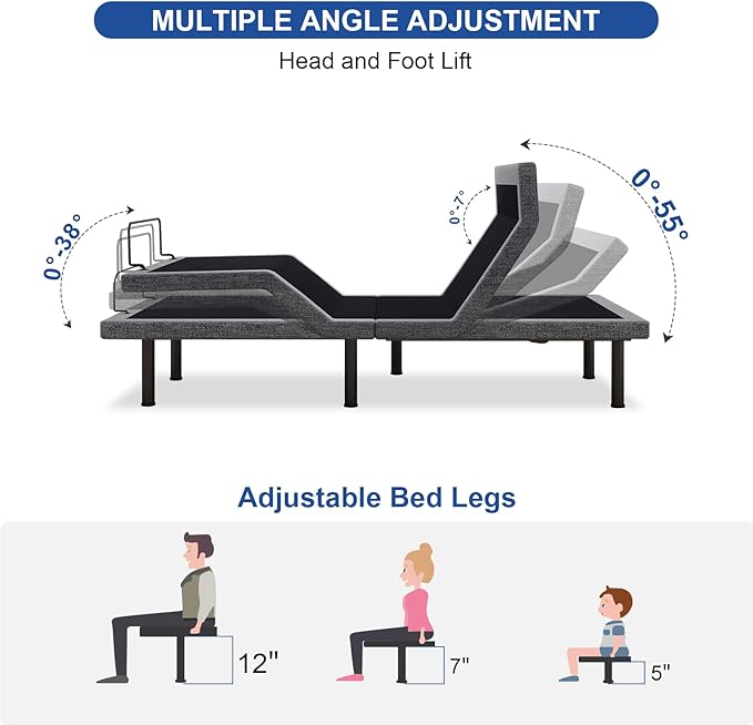 Vipbear Queen Adjustable Beds with Thickened Frame, Adjustable Bed Frame with Pillow-Tilt,Separate Head/Foot Lift,Smart APP Control, Massage, Zero Gravity, Anti-Snore, Wireless Remote,USB Ports