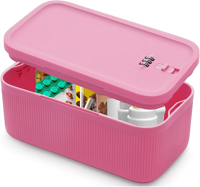 Medication Lock Box,Small Lockable Storage Box with Combination Code for Phone,Medicine Safe,Food, Home,Refrigerator,Office,Personal Items,Travel,Gift,Pink