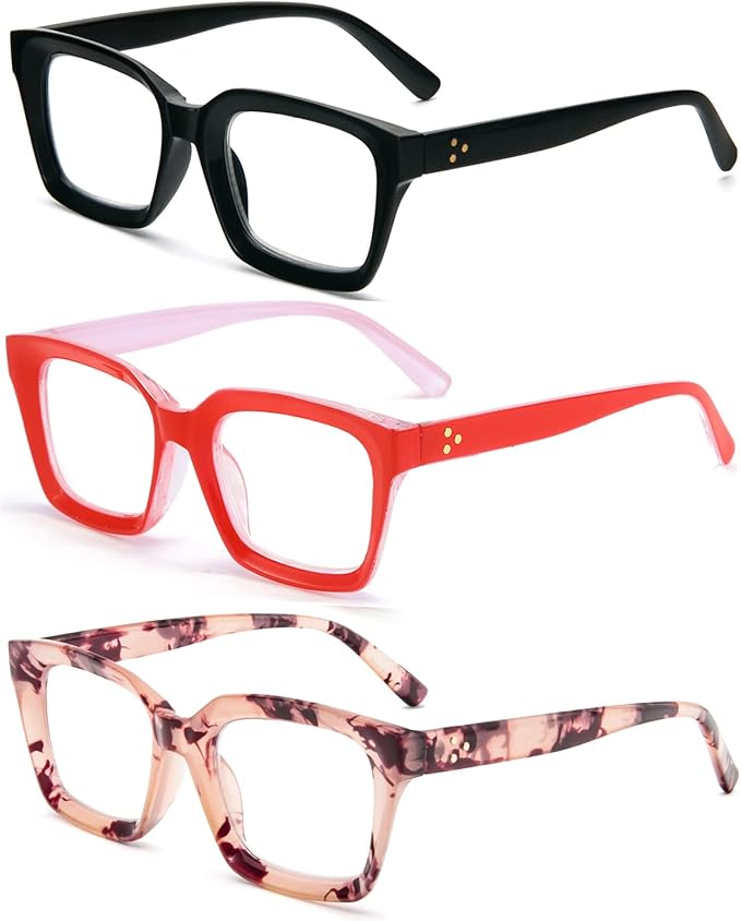 REAVEE 3 Pack Oprah Style Oversized Reading Glasses for Women Men Blue Light Blocking, Ladies Stylish RetroSquare Large Computer Readers (Black/Red/Pink Leopard 1.5x)