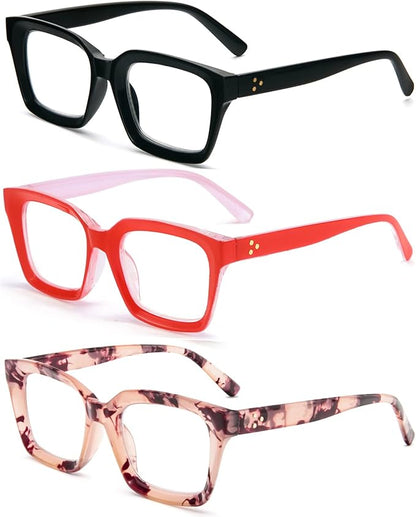 REAVEE 3 Pack Oprah Style Oversized Reading Glasses for Women Men Blue Light Blocking, Ladies Stylish RetroSquare Large Computer Readers (Black/Red/Pink Leopard 3.5x)