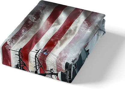 3D Warship Kids Fitted Sheet Twin Size,Navy Army Combat Ship Ocean Waves Bedding Set,Boys Men Room Decor,American Flag Geometric Stripes Bed Cover,Blue Grey Bed Sheet,1 Pillowcase(No Top Sheet)