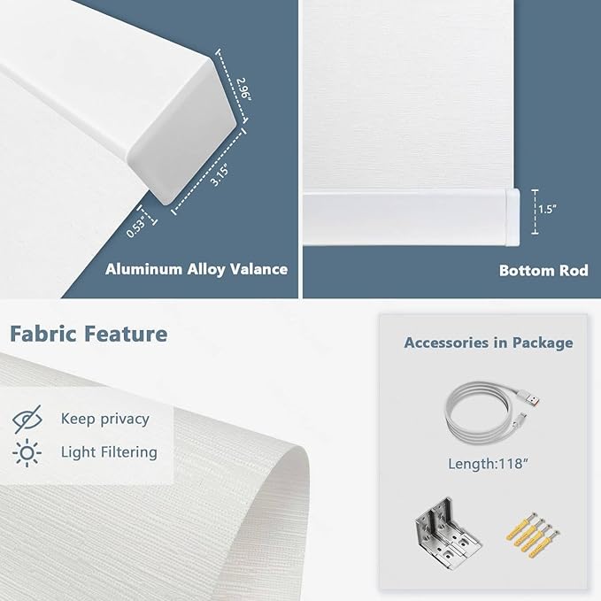 Motorized Blinds with Remote Cordless Automatic Motorized Shades Custom Blinds for Windows Smart Curtains Compatible with Alexa Google Home(Light Filtering Jacquard White,W61 x H72in)