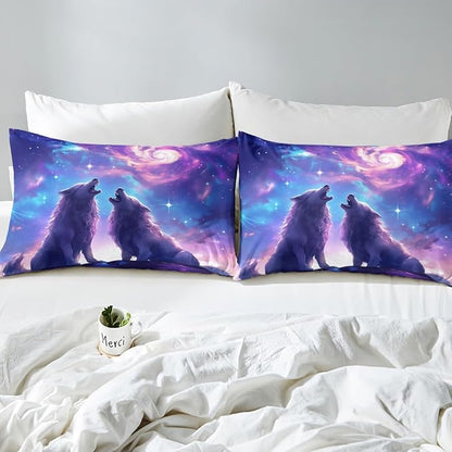 Wolf Kids Fitted Sheet Queen Size,Glitter Starry Sky Romantic Bedding Set,Boys Girls Room Decor,Wildlife Hunting Animal Adventure Rustic Bed Cover,Purple Bed Sheet,2 Pillowcases