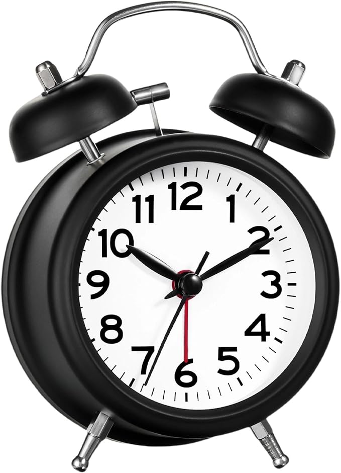 AKCISOT Loud Alarm Clock for Heavy Deep Sleepers,3 Inches Analog Metal Twin Bell Clocks Battery Operated with Backlight for Bedroom Bseide, Old Fashioned for Desk Home Decoration (Black White)