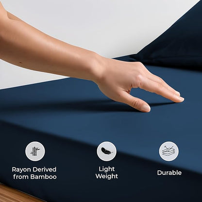 LINENWALAS Fitted Sheet Only Viscose Derived from Bamboo, Bottom Sheet for Full Size Bed – 16” Deep Pocket, All Around Snug Fit – Cooling, Breathable, Soft, Hypoallergenic (Navy Blue, Full)
