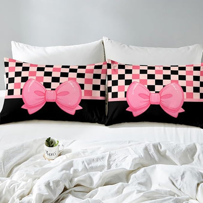 Cartoon Bowknot Bed Cover(1 Fitted Sheet+1 Pillow Case),Kawaii Bow-tie Princess Style Bedding Set,Pink Black Cute Bow Geometric Grids Lines Patchwork Bed Sheet Set,3Pcs Full Size