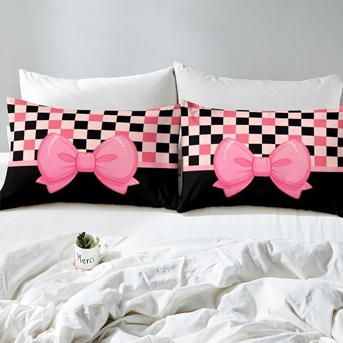 Cartoon Bowknot Bed Sheet Set Kawaii Bow-tie Princess Style Fitted Sheet for Ultra Soft Pink Black Cute Bow Geometric Grids Lines Patchwork Bedding Cover Set Room Decor Queen (No Flat Sheet)