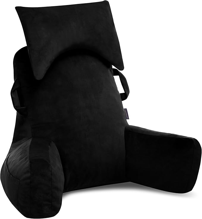 Portable Reading Pillows with Headrest for Bed Sitting Up(Black Oeko-Tex), Velvet Back Pillow with Arms & Pockets for Adults, Support Memory Foam Bed Pillow for Dorm/Reading/Watching/Gaming
