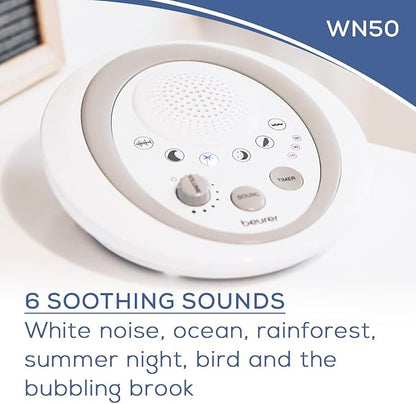 Beurer White Noise Machine, Sound Asleep for Home, Office, Baby Non-Looping Soothing for Relaxation & Portable Travel with Natural Sound Choices & Noise Cancelling, Adjustable Volume, WN50