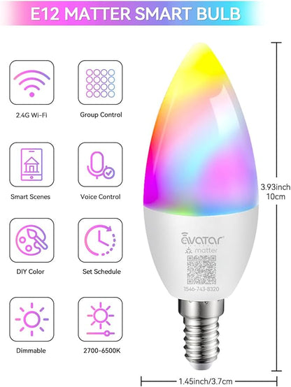 Matter E12 Smart Bulb, No Extra App Needed! RGBCW WiFi Bulb Compatible with Apple Home/Siri, Alexa & Google. Timer & Group Control, Perfect for Bedroom/Living Room Lamps, Candelabra Base