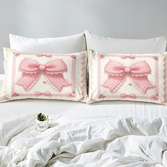 Pink Bowknot Fitted Sheet Twin Size,Vintage Lace Polka Dots European Princess Bed Sheet with 1 Pillowcase,Fairy Tale Cute Bow-tie Roses Beige Soft Decorative Fabric Bedding,Room Gift