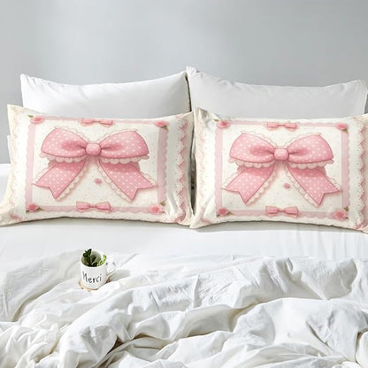 Pink Bowknot Bedding Set Full Size,Vintage Lace Polka Dots European Princess Fitted Sheet,Fairy Tale Cute Bow-tie Roses Beige Sheet Set for Kids Teens Adults Bedroom Decor,2 Pillowcases