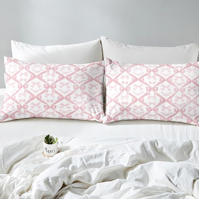 Pink Bowknots Full Size Fitted Sheet,Kawaii Bow-tie Patchwork Dreamy 3 Pieces Kids Teenager Room Decor Princess Fairy Tale Theme Girlish Grids Pocket 2 Pillowcases (No Flat Sheet)