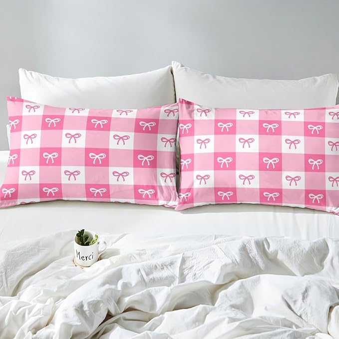 Kawaii Bow Bed Cover(1 Fitted Sheet+1 Pillow Case),Dreamy Princess Bowknot Hand Graffiti Bedding Set for Kids Girls,Geometric Pink White Stripes Plaids Patchwork Sheet Set,3Pcs Full Size