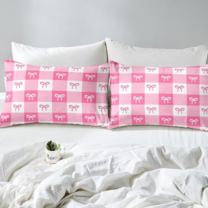 Kawaii Bow Fitted Sheet Dreamy Princess Bowknot Hand Graffiti Bed Sheet Set for Kids Children Teens Geometric Pink White Stripes Plaids Patchwork Bed Cover Toddler Bedroom Decor,Twin Size