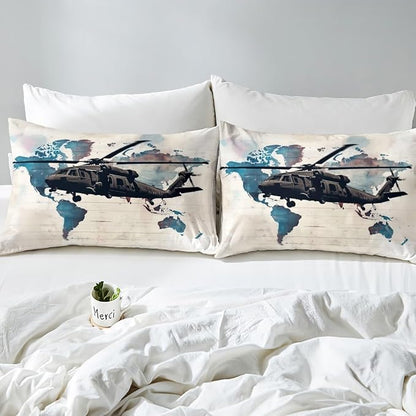 Helicopter Kids Fitted Sheet Queen Size,Tie-dye Graffiti Geometric Stripes Bedding Set,Boys Girls Room Decor,Airplane Aviation Aircraft Retro Bed Cover,Blue Beige Bed Sheet,2 Pillowcases(No Top Sheet)