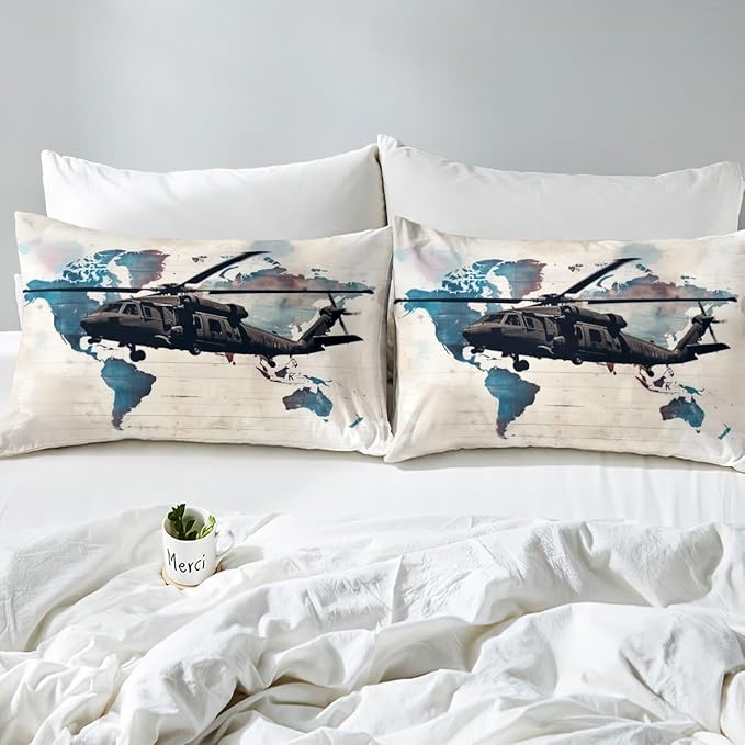 Helicopter Kids Fitted Sheet Full Size,Tie-dye Graffiti Geometric Stripes Bedding Set,Boys Girls Room Decor,Airplane Aviation Aircraft Retro Bed Cover,Blue Beige Bed Sheet,2 Pillowcases(No Top Sheet)