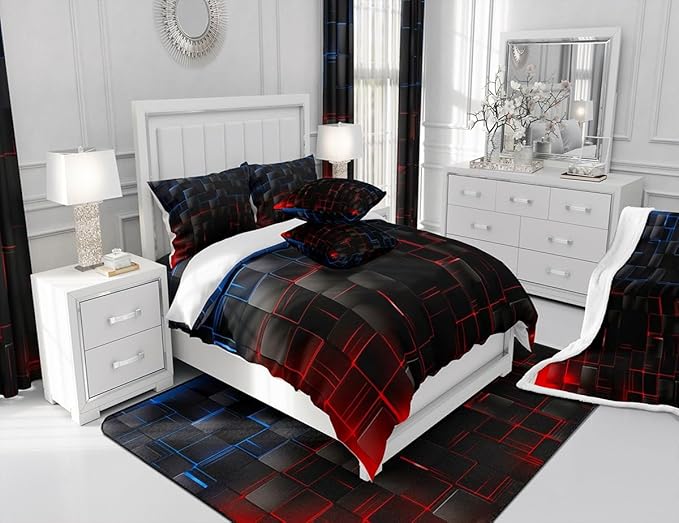 Manfei Blue and Red Sheet Set Full Size, Abstract Geometric Bed Sheet Set 4pcs with Deep Pocket Fitted Sheet + Flat Sheet + 2 Pillowcases, Black Square Lattice Bedding Set for Kids Boys Girls Adults