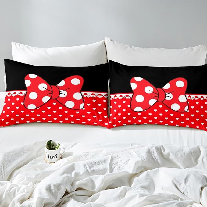 Manfei Bowknot Kids Fitted Sheet Queen Size,Bow-tie White Dots Love Heart Romantic Bedding Set,Girls Women Room Decor,Castle Princess Dreamy Bed Cover,Red Black Girly Bed Sheet,2 Pillowcases