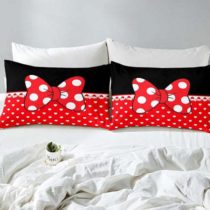 Manfei Bowknot Kids Fitted Sheet Queen Size,Bow-tie White Dots Love Heart Romantic Bedding Set,Girls Women Room Decor,Castle Princess Dreamy Bed Cover,Red Black Girly Bed Sheet,2 Pillowcases