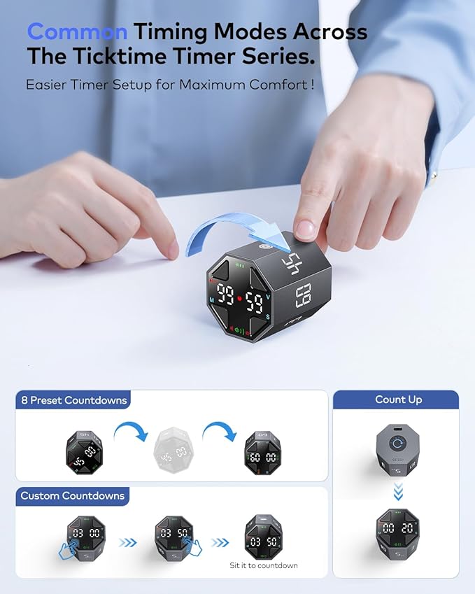 Pomodoro Timer Cube, Custom Pomodoro, Pause & Resume, Silent, Vibrate & Adjustable Sound Alert, for ADHD, Task, Work, Study, 3/5/10/15/30/45/60min & Custom Countdown,Gray